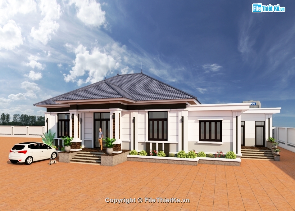 nhà vườn 1 tầng,nhà 1 tầng mái nhật,nhà vườn 1 tầng 4 phòng ngủ,file cad nhà 1 tầng,nhà 1 tầng 12x19.5m
